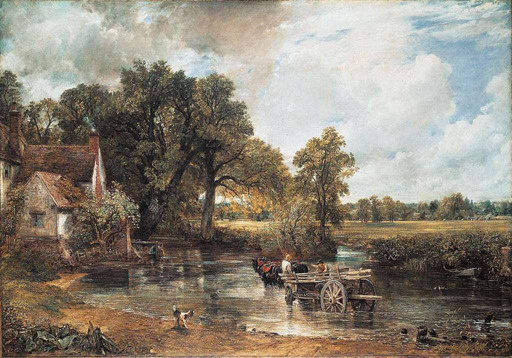 London National Gallery Top 20 14 John Constable - The Hay Wain John Constable - The Haywain, 1821, 130  185 cm. This painting was voted #2 in the 2005 BBC Greatest Painting in Britain Poll. A horse drawing a cart (haywain) is wading through the clear water of the river, while a dog is watching the cart draw past. On the right a figure in the bushes is mooring a boat while to the left an old farmhouse is almost completely hidden by trees and bushes. The weather conditions show an overcast sky that promises a rapid succession of rain and sunshine.